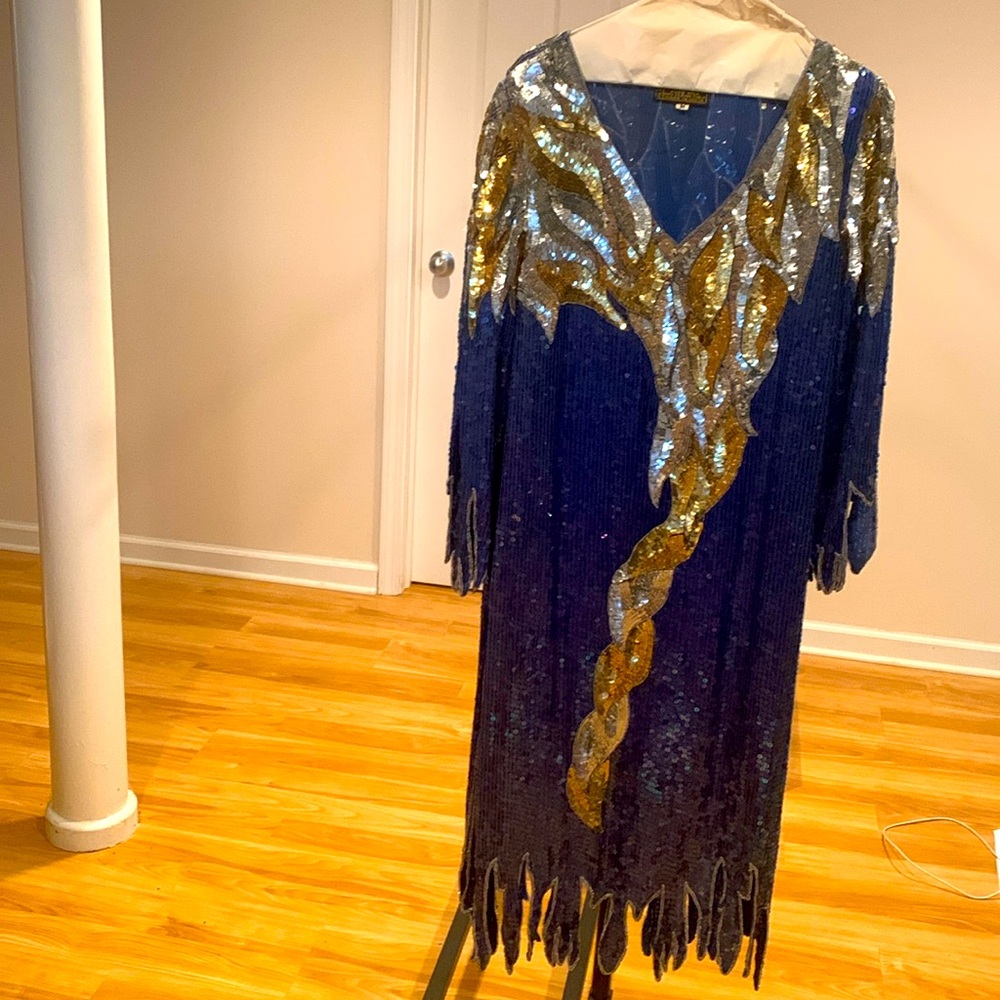 Beautiful Vintage Royal Blue Gold and Silver Sequins Dress Size Medium